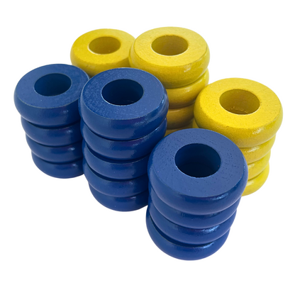 32 Blue and Yellow Carrom / Pichenotte Rings - (Blue / Yellow / Natural / Black / White) - Anneaux De Pichenottes - Game Accessories / Accessoires De Jeu - Carrom Canada