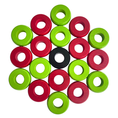 32 Red and Lime Green Carrom / Pichenotte Rings - (Red / Lime Green / Natural / Black / White) - Anneaux De Pichenottes - Game Accessories / Accessoires De Jeu - Carrom Canada