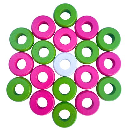 32 Pink and Lime Green Carrom / Pichenotte Rings - (Pink / Lime Green / Natural / Black / White) - Anneaux De Pichenottes - Game Accessories / Accessoires De Jeu - Carrom Canada