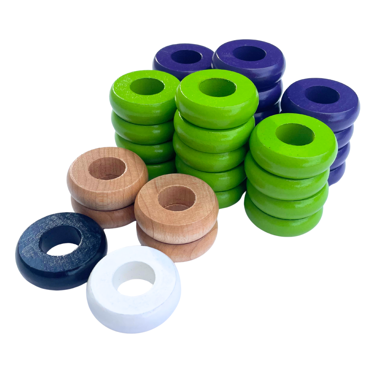 32 Purple and Lime Green Carrom / Pichenotte Rings - (Purple / Lime Green / Natural / Black / White) - Anneaux De Pichenottes - Game Accessories / Accessoires De Jeu - Carrom Canada
