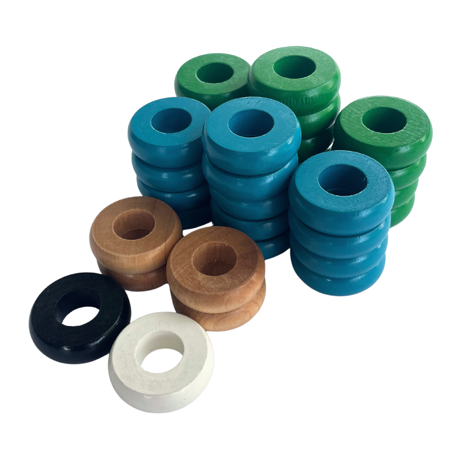 32 Green and Light Blue Carrom / Pichenotte Rings - (Green / Light Blue / Natural / Black / White) - Anneaux De Pichenottes - Game Accessories / Accessoires De Jeu - Carrom Canada