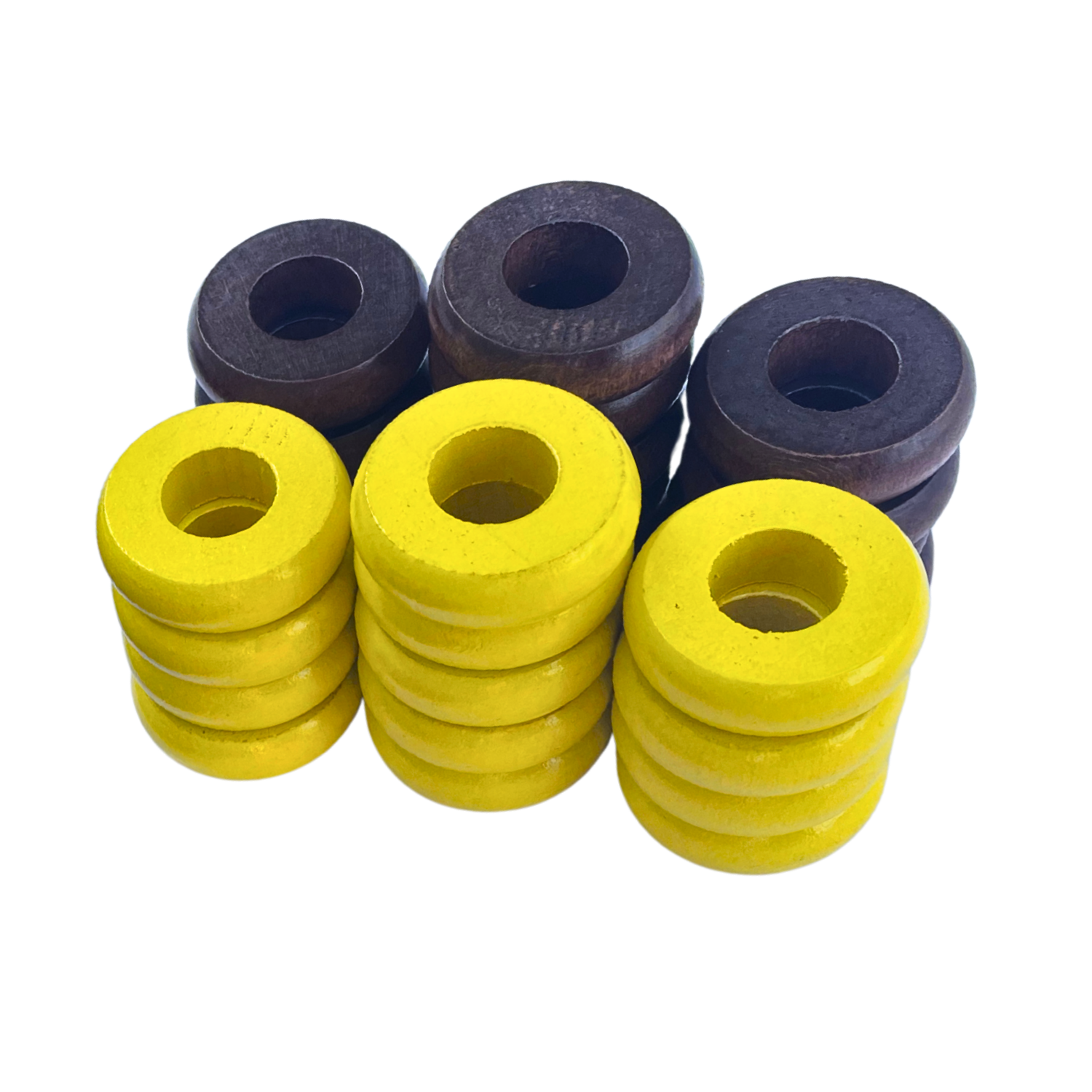 32 Yellow and Walnut Carrom / Pichenotte Rings - (Yellow / Walnut / Natural / Black / White) - Anneaux De Pichenottes - Game Accessories / Accessoires De Jeu - Carrom Canada