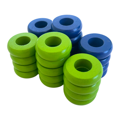 32 Blue and Lime Green Carrom / Pichenotte Rings - (Blue / Lime Green / Natural / Black / White) - Anneaux De Pichenottes - Game Accessories / Accessoires De Jeu - Carrom Canada