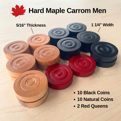 22 Traditional Carrom Board Game Men (10 Black Men / 10 Natural Men / 2 Red Queens)