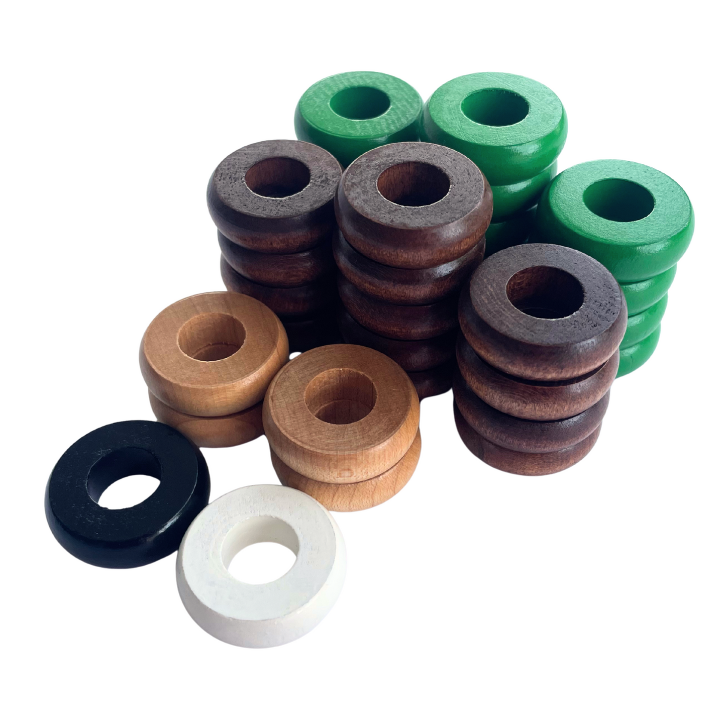 32 Green and Walnut Carrom / Pichenotte Rings - (Green / Walnut / Natural / Black / White) - Anneaux De Pichenottes - Game Accessories / Accessoires De Jeu - Carrom Canada