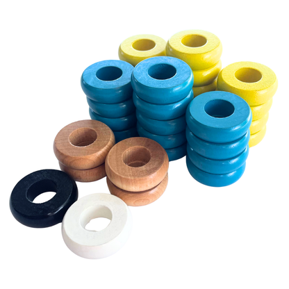 32 Yellow and Light Blue Carrom / Pichenotte Rings - (Yellow / Light Blue / Natural / Black / White) - Anneaux De Pichenottes - Game Accessories / Accessoires De Jeu - Carrom Canada
