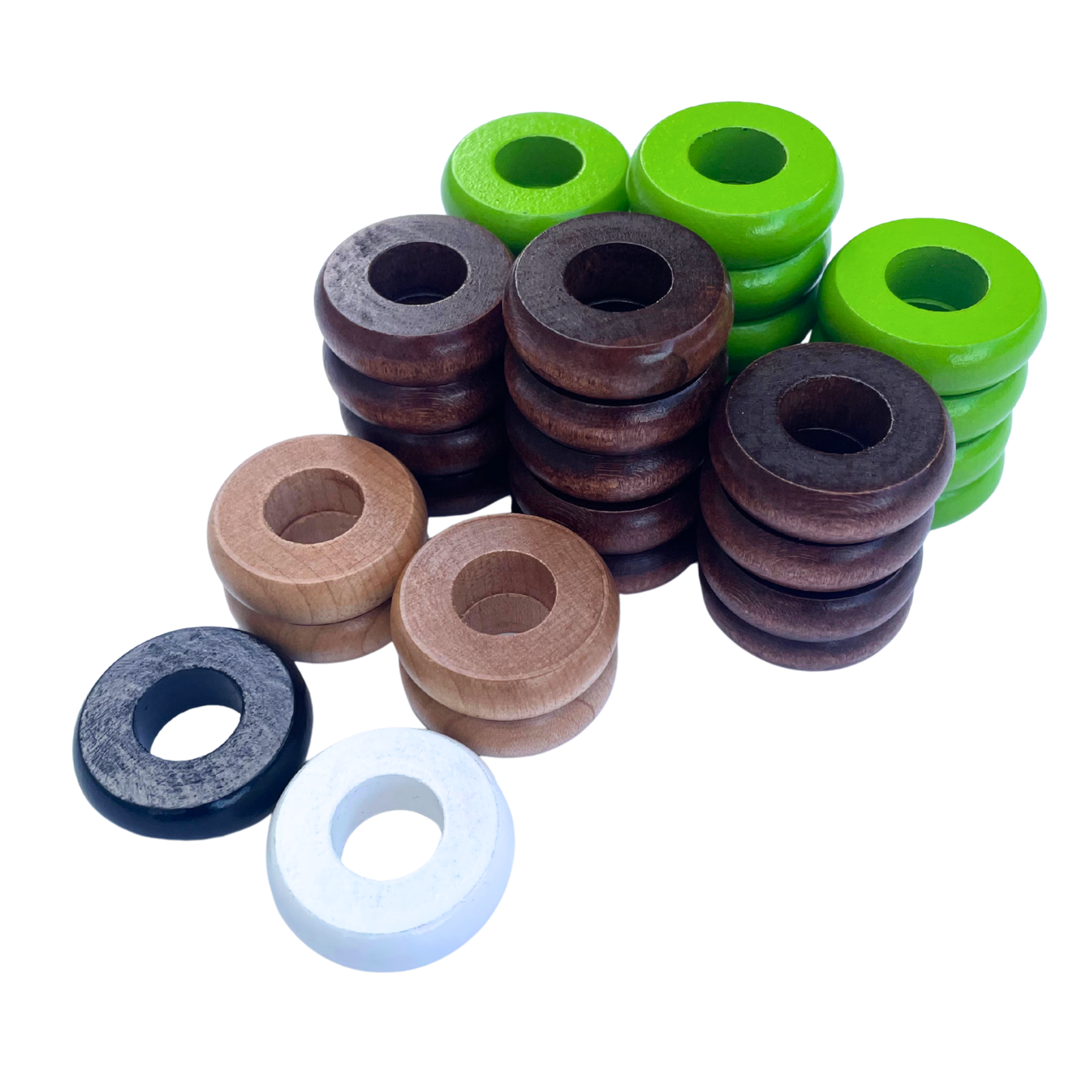 32 Lime Green and Walnut Carrom / Pichenotte Rings - (Lime Green / Walnut / Natural / Black / White) - Anneaux De Pichenottes - Game Accessories / Accessoires De Jeu - Carrom Canada