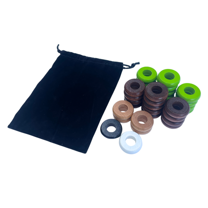 32 Lime Green and Walnut Carrom / Pichenotte Rings - (Lime Green / Walnut / Natural / Black / White) - Anneaux De Pichenottes - Game Accessories / Accessoires De Jeu - Carrom Canada