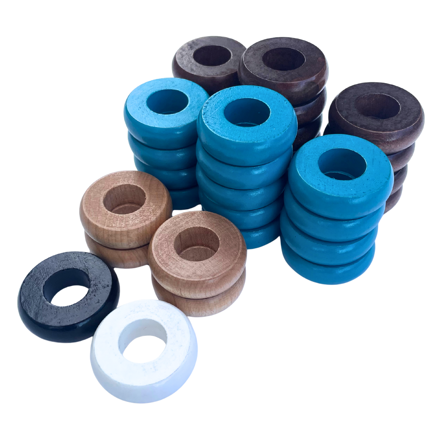 32 Light Blue and Walnut Carrom / Pichenotte Rings - (Light Blue / Walnut / Natural / Black / White) - Anneaux De Pichenottes - Game Accessories / Accessoires De Jeu - Carrom Canada