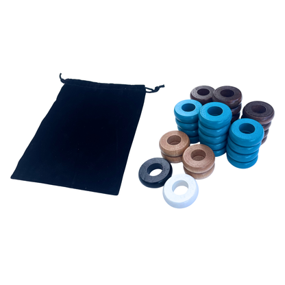 32 Light Blue and Walnut Carrom / Pichenotte Rings - (Light Blue / Walnut / Natural / Black / White) - Anneaux De Pichenottes - Game Accessories / Accessoires De Jeu - Carrom Canada